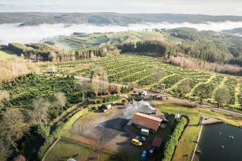 Luftaufnahme der Christbaumplantage und dem Gelände von Christbaum Klug in Mittelsinn Luftaufnahme einer Christbaumplantage mit Holzhaus und Teich in Mittelsinn